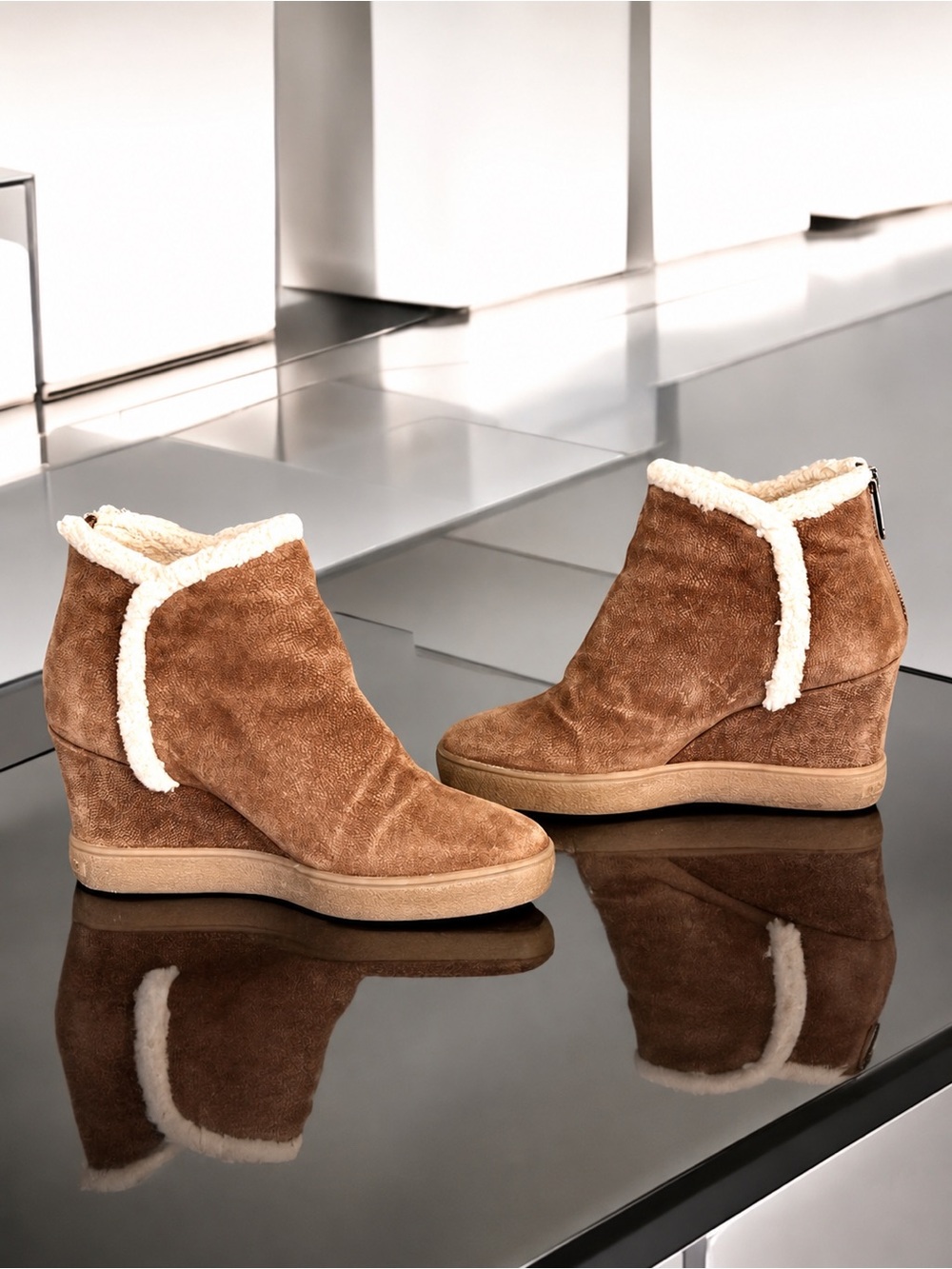 AQUATALIA Charlie Shearling Wedge Ankle Boots Chestnut Suede 7.5 Fits 7 Italy